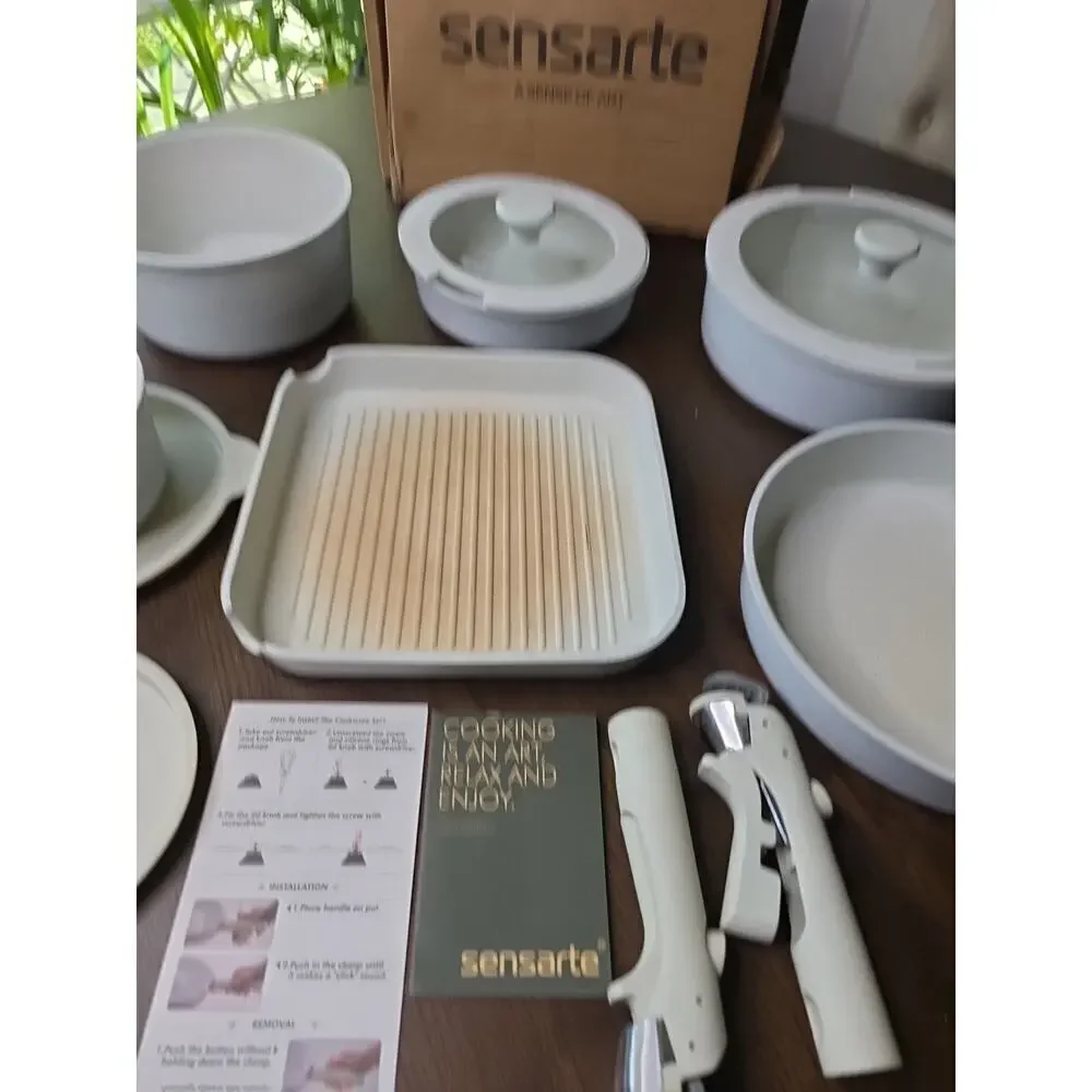 Sensarte 6 Cream Ceramic Coated Square Skillet Ribbed Fry Pans Pots Preowned‎